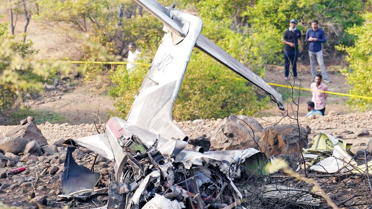 Wreckage of the chartered plane that crashed on Wednesday. Pic/PTI