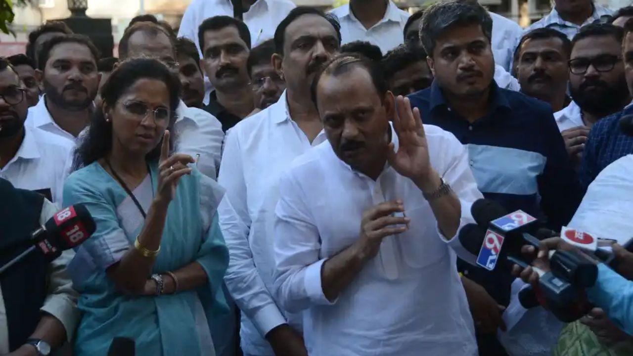 NCP leaders Supriya Sule, Ajit Pawar, and Chhagan Bhujbal outside YB Chavan Centre, calming party workers after president Sharad Pawar resigned following his book launch on May 2, 2023. Pic/Sayyed Sameer Abedi
