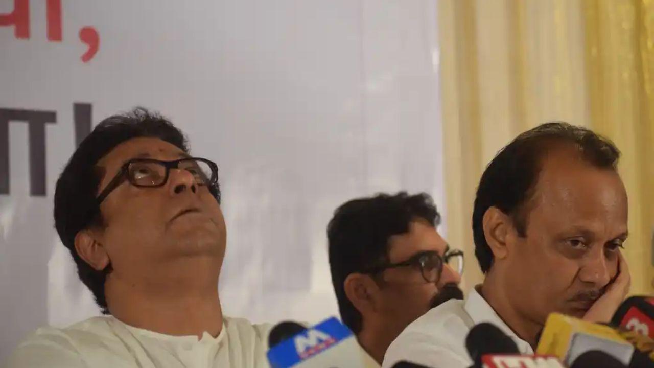 Maharashtra Navnirman Sena (MNS) President Raj Thackeray, Congress state president Balasaheb Thorat, NCP state president Jayant Patil, Raju Shetty of Swabhimani Shetkari Sanghatana, and NCP leaders Ajit Pawar and Chhagan Bhujbal at a press conference at MIG, Mumbai, following an urgent opposition meeting on EVM concerns and election strategy in 2019. Pic/Ashish Raje