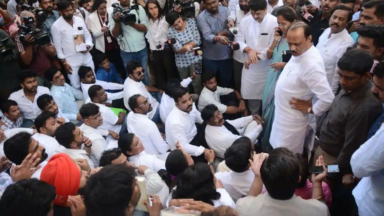 NCP leaders Supriya Sule, Ajit Pawar, and Chhagan Bhujbal outside YB Chavan Centre, managing party workers’ reactions after Sharad Pawar resigned as president following his book launch on May 2, 2023. Pic/Sayyed Sameer Abedi