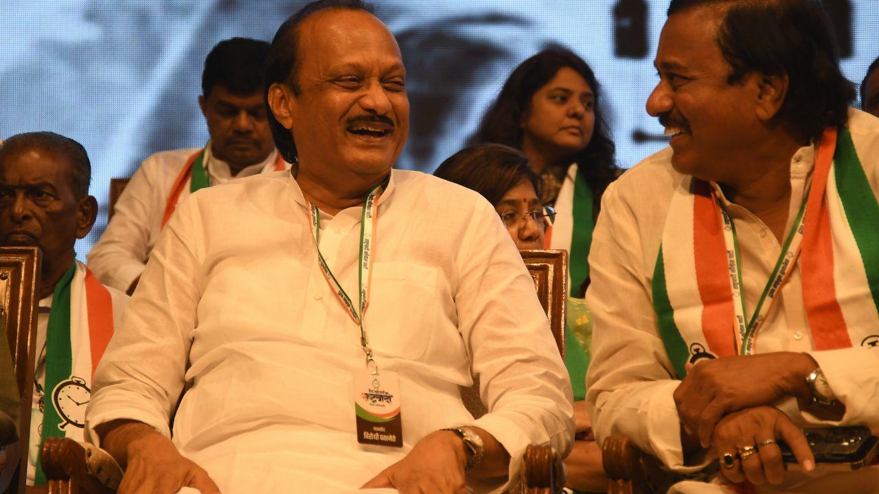Ajit Pawar and Sunil Tatkare at the Nationalist Congress Party (NCP) Silver Jubilee celebrations held at Shanmukhanand Auditorium on June 21, 2023. Pic/Ashish Raje