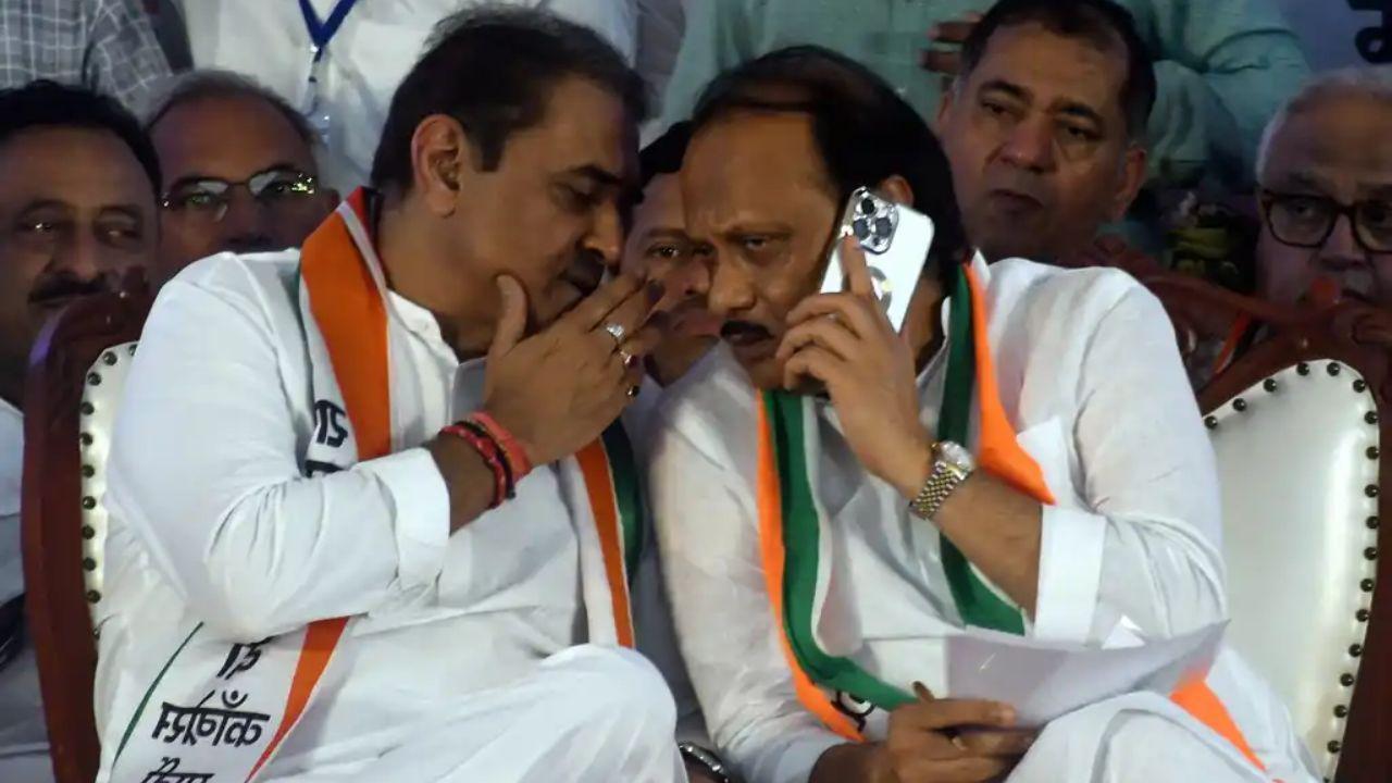 Maharashtra Deputy CM Ajit Pawar, along with NCP faction leader Praful Patel, during a meeting of his faction of NCP leaders in Mumbai in July 2023. Pic/ Ashish Raje