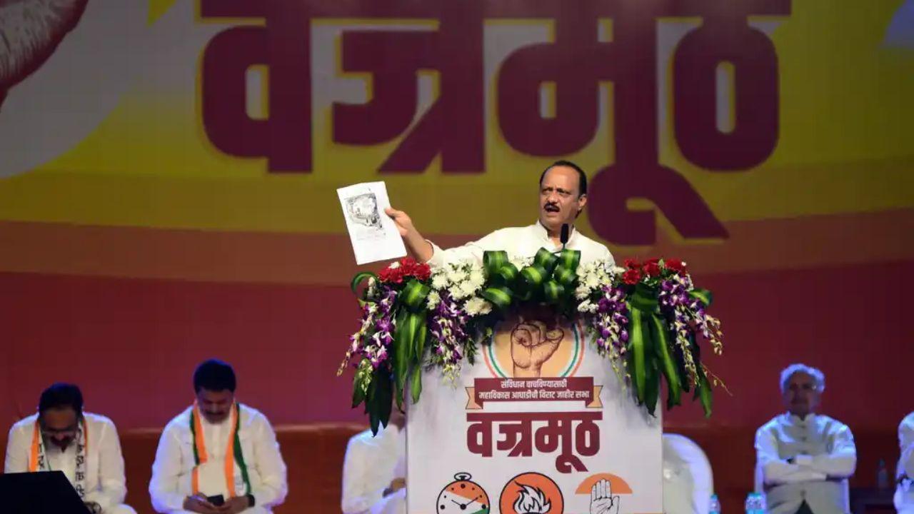 Ajit Pawar at the Maha Vikas Aghadi (MVA) ‘Vajramuth’ rally in Bandra Kurla Complex, Mumbai, on May 1, 2023, held to defend the constitution on Maharashtra Day. Pic/Rane Ashish