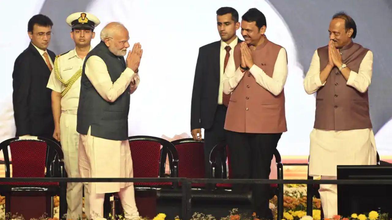 Devendra Fadnavis takes oath as chief minister, with Eknath Shinde and Ajit Pawar sworn in as deputy chief ministers, during the ceremony attended by Prime Minister Narendra Modi and other senior leaders in Mumbai on December 5, 2024. Pic/Ashish Rane