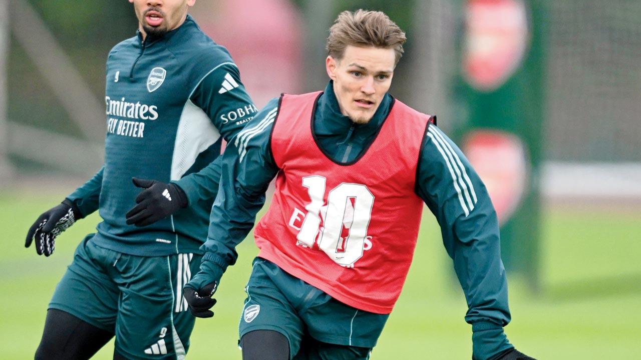 Arsenal skipper Martin Odegaard during a training session on Friday. Pic/Getty Images