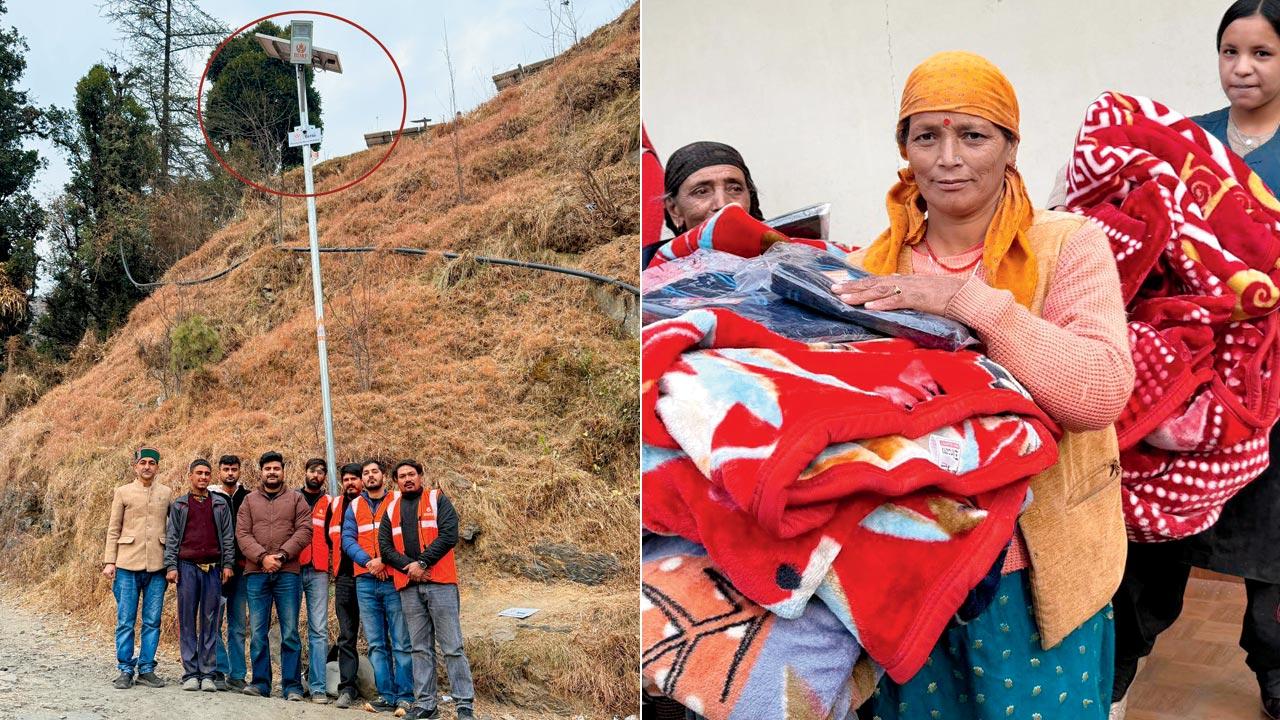 Solar lights were installed and (left) blankets distributed in the state
