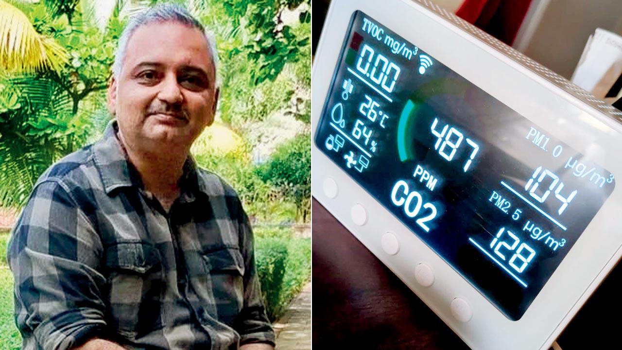 Subhajit Mukherjee; (right) An AQI meter installed in Mukherjee’s home, which shows a high PM 2.5 of 123+
