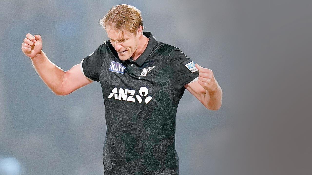 Kyle Jamieson celebrates an Indian wicket on Sunday