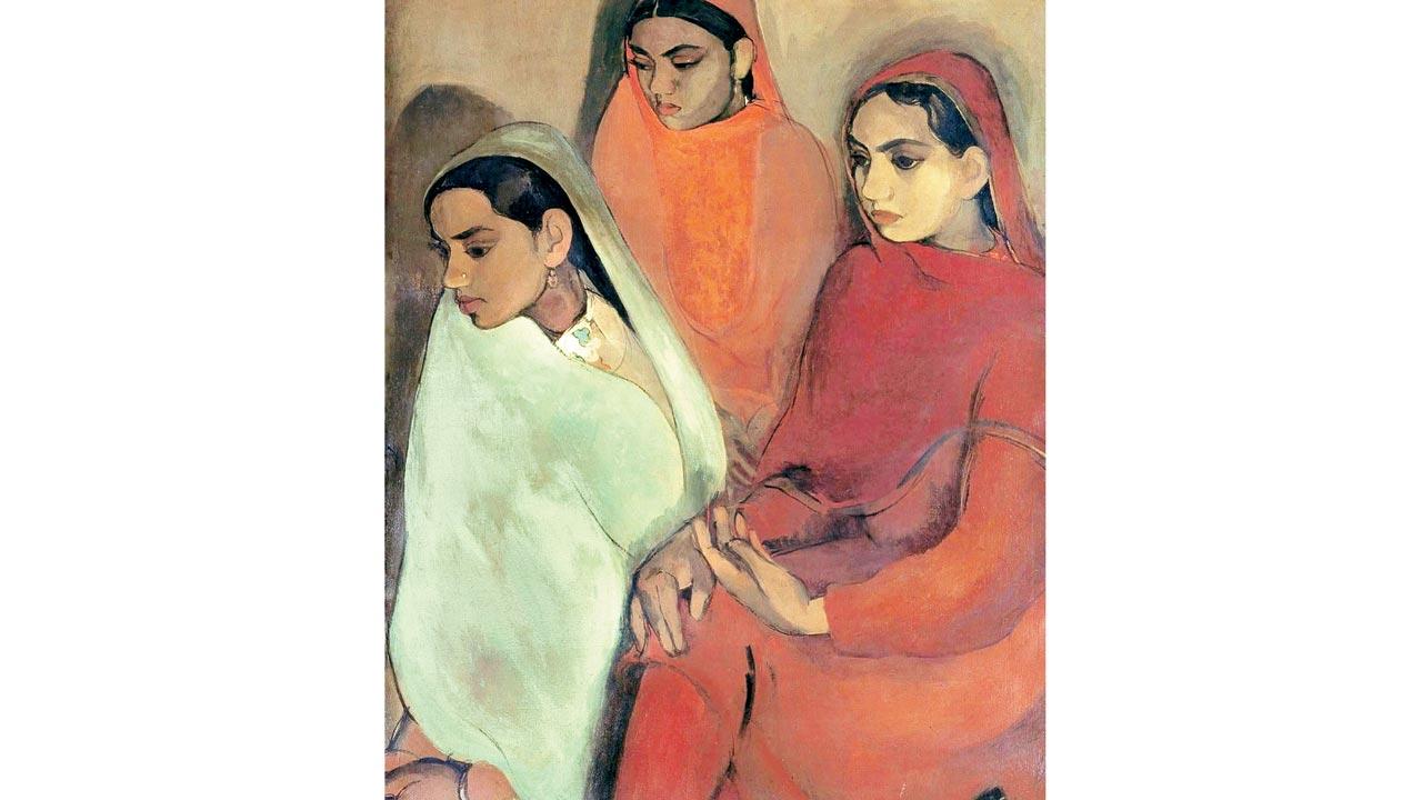 ‘Three Girls’ created by Amrita Sher-Gil in 1935 was the first major work she completed after returning to India. It won the Gold Medal at the annual exhibition of the Bombay Art Society in 1937, which catapulted  her to fame