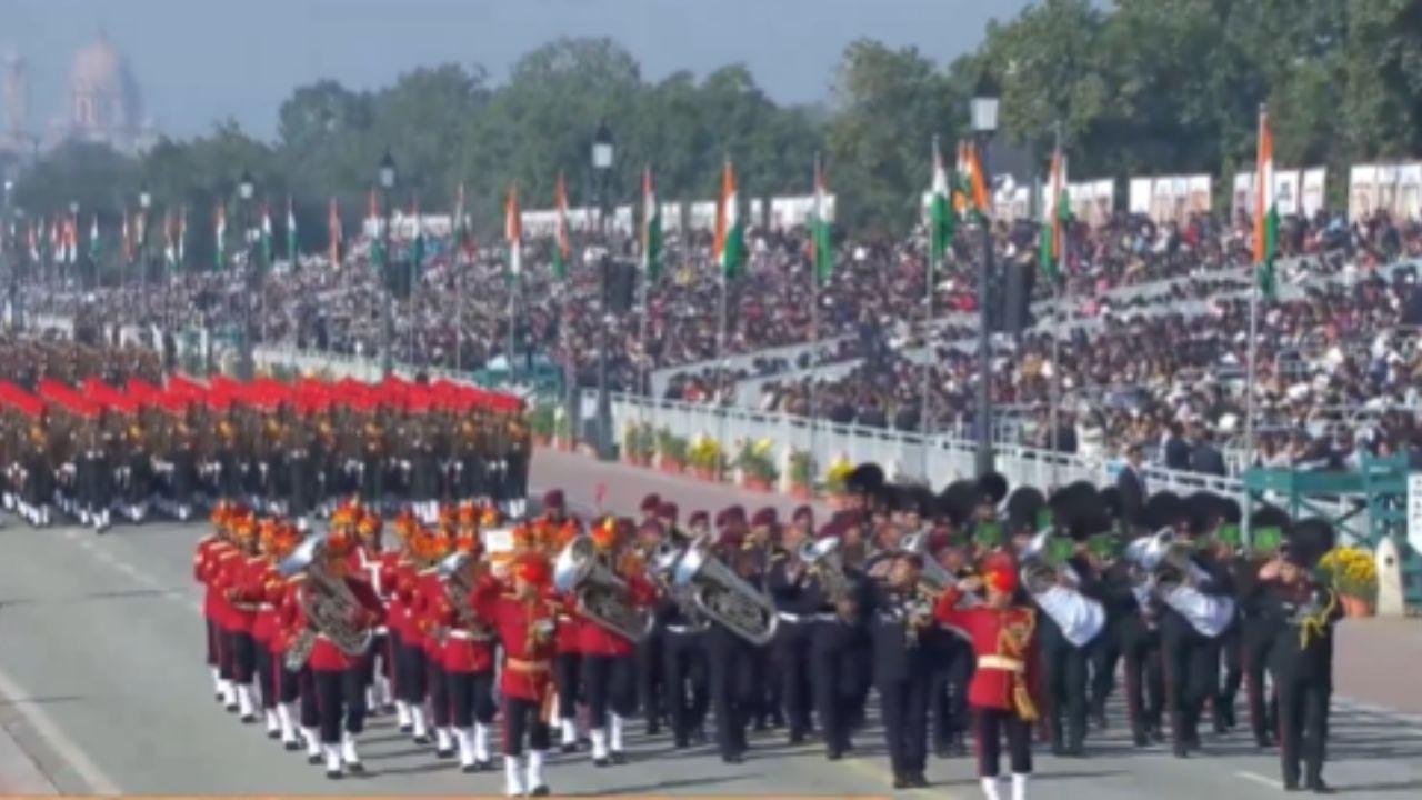 The Combined Military Band, along with contingents from the Rajput Regiment and Assam Regiment, marched at Kartavya Path, adding to the ceremonial grandeur