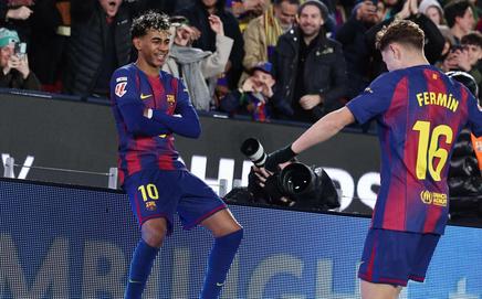 Barcelona's Spanish forward Lamine Yamal (L) celebrates scoring his team's third goal with Barcelona's Spanish midfielder Fermin Lopezduring the Spanish league football match between FC Barcelona and Real Oviedo at Camp Nou Stadium in Barcelona. Pic/