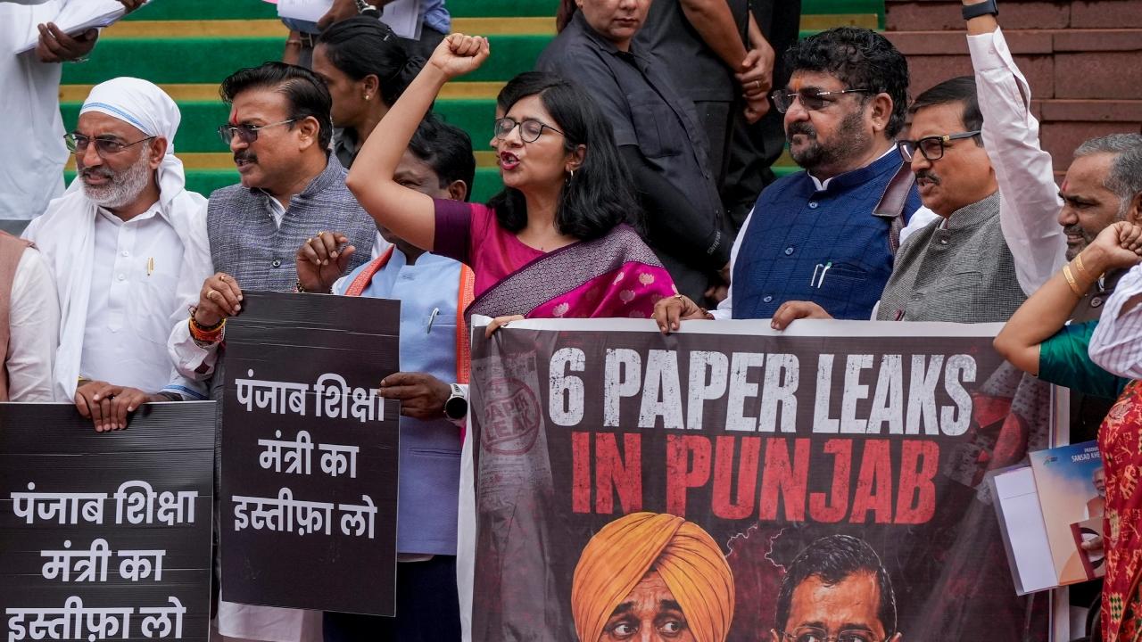Earlier, Punjab Congress MPs on Monday also staged a protest outside Parliament demanding the resignation of Punjab Chief Minister Bhagwant Mann over the alleged paper leak in the state and the police action against sanitation workers protesting in Barnala.