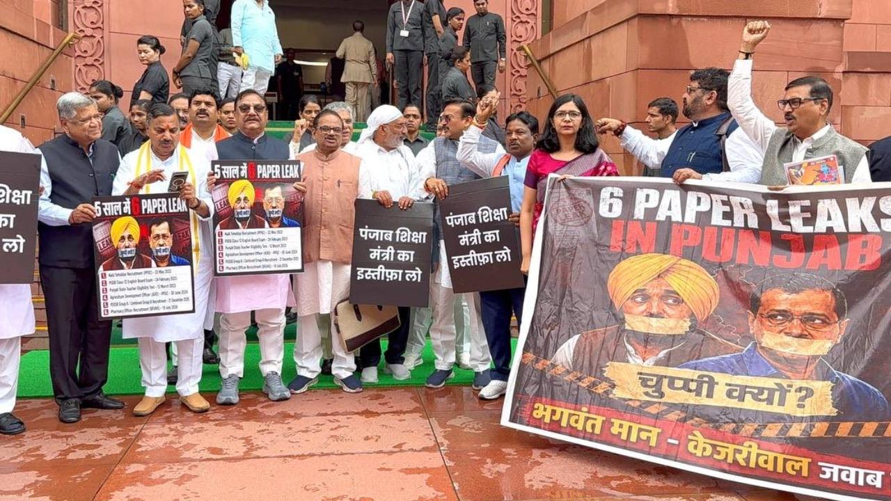 BJP Rajya Sabha MP Swati Maliwal, once an Aam Aadmi Party leader, led the protest, echoing slogans, "Punjab Paper leak par jawab do (Give answers on Punjab Paper leak)."