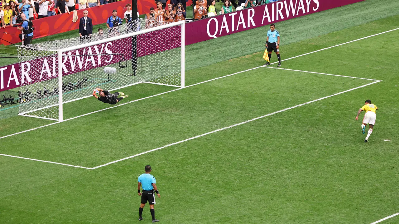 Switzerland beat Colombia on penalties to reach World Cup quarter-finals Gregor Kobel of Switzerland saves the Colombia's third fourth penalty taken by Cucho Hernandez of Colombia in a penalty shootout during the FIFA World Cup 2026 Round of 16 match between Switzerland and Colombia at BC Place Vancouver in Vancouver. Pic/AFP