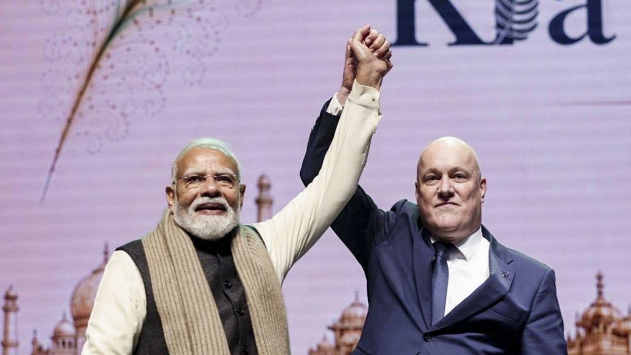 PM Modi recalls first New Zealand visit, highlights shared Maori-Indian values Prime Ministers Narendra Modi and Christopher Luxon during the 'Kia Ora Modi' event at Spark Arena, in Auckland, New Zealand on Saturday. PIC/PTI