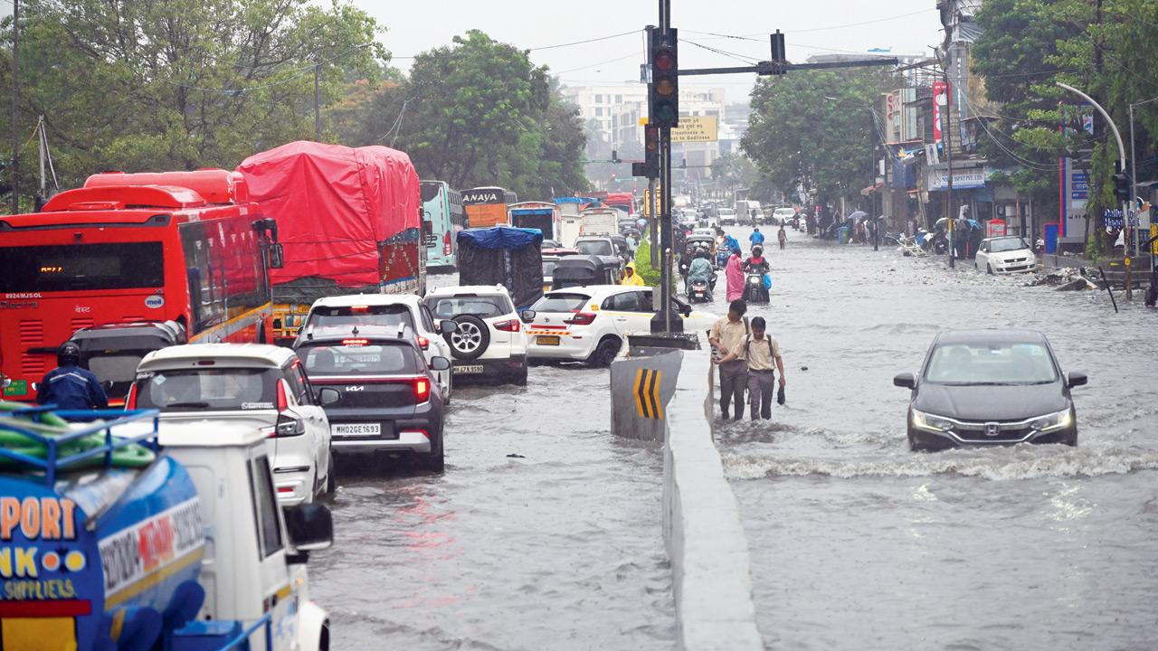 How Mumbai's relentless monsoon can affect your mental health Waterlogging on Lal Bahadur Shastri (LBS) Road following continuous heavy rainfall disrupts traffic and daily life. Pic/Sayyed Sameer Abedi