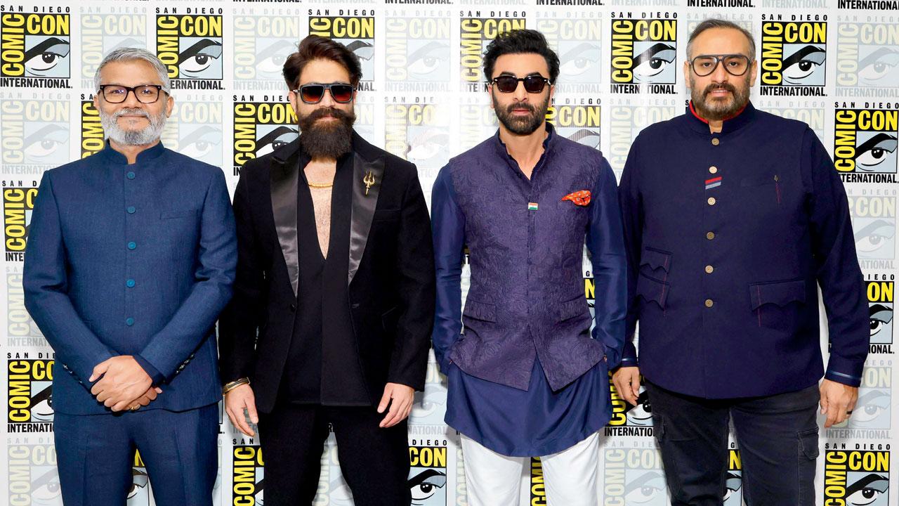 Ramayana exclusive footage shown to nearly 4800 attendees at San Diego Comic-Con amid delay in trailer release (L-R) Nitesh Tiwari, Yash, Ranbir Kapoor,and Namit Malhotra. Pic/PTI