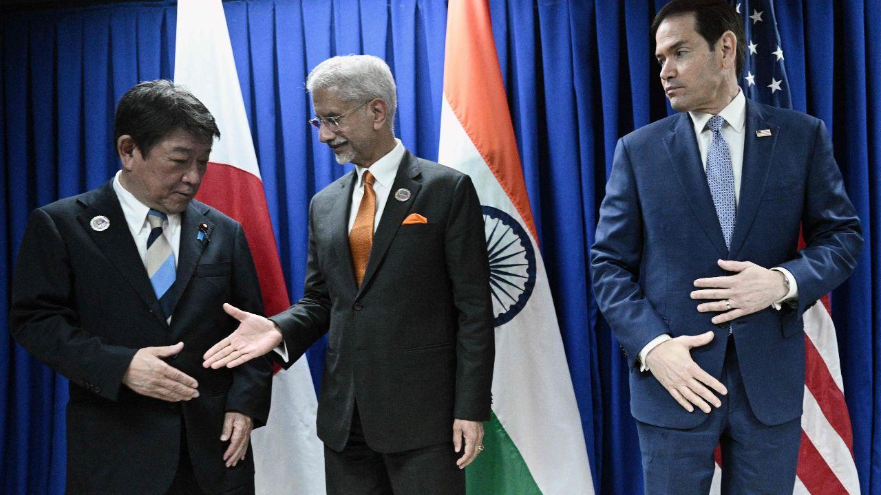 External Affairs Minister S. Jaishankar greets Japan's Foreign Minister Takeshi Iwaya as US Secretary of State Marco Rubio looks on ahead of discussions in Manila.