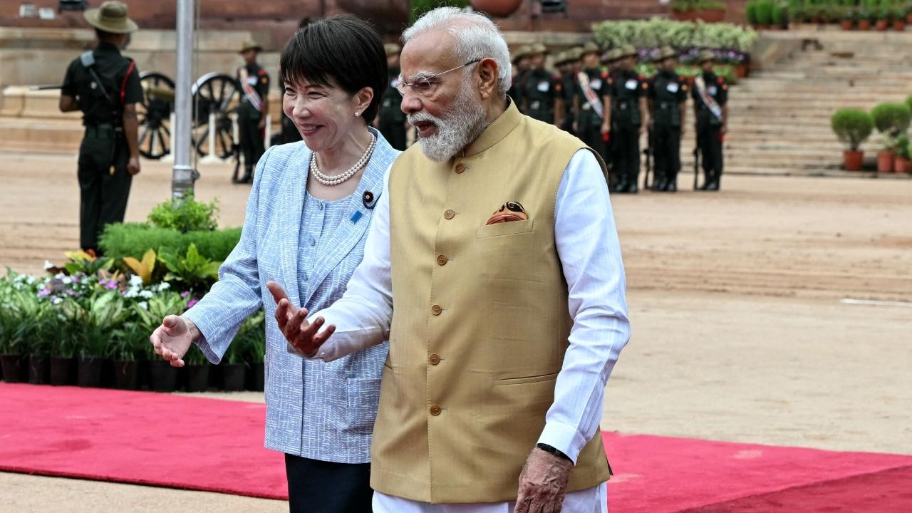 Prime Minister Modi stood alongside Takaichi on the ceremonial platform as the official welcome ceremony took place at the presidential complex.