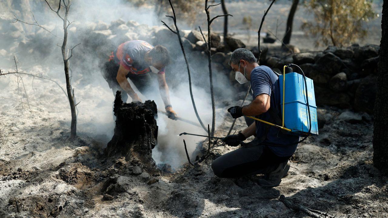 Residents work to extinguish smouldering tree trunks following a wildfire in La Adrada, about 95 kilometres west of Madrid. Firefighters are racing against time to contain wildfires across Spain and France before a fresh heatwave, forecast to bring scorching temperatures to Western Europe, intensifies the crisis
