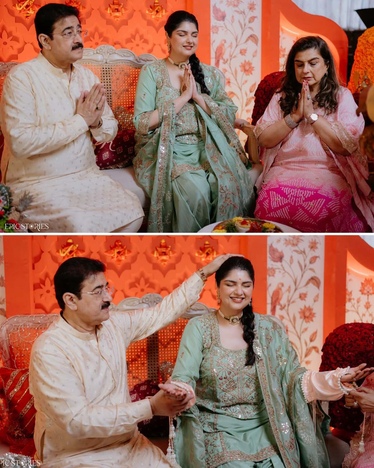 One set of pictures shows Anshula seated with her elders, hands folded in prayer before receiving their blessings. Another touching frame captures her uncle placing his hand on her head during the ceremony