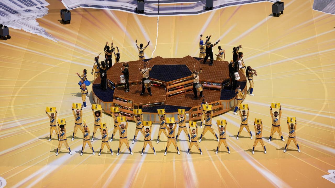 Artists perform during the tournament closing ceremony before the World Cup final soccer match between Spain and Argentina