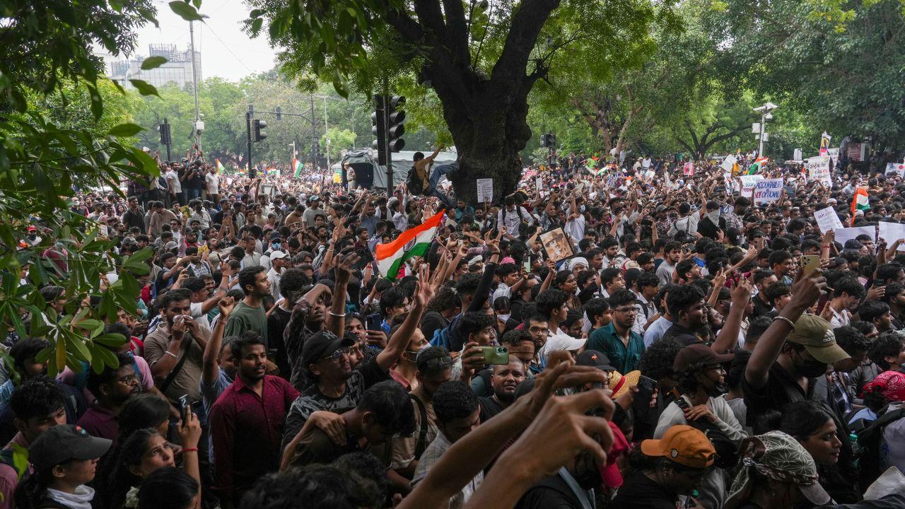 Police personnel were deployed in large numbers at Jantar Mantar, while a riot control vehicle was also stationed at the protest site as authorities tightened security ahead of the planned march Police personnel were deployed in large numbers at Jantar Mantar, while a riot control vehicle was also stationed at the protest site as authorities tightened security ahead of the planned march