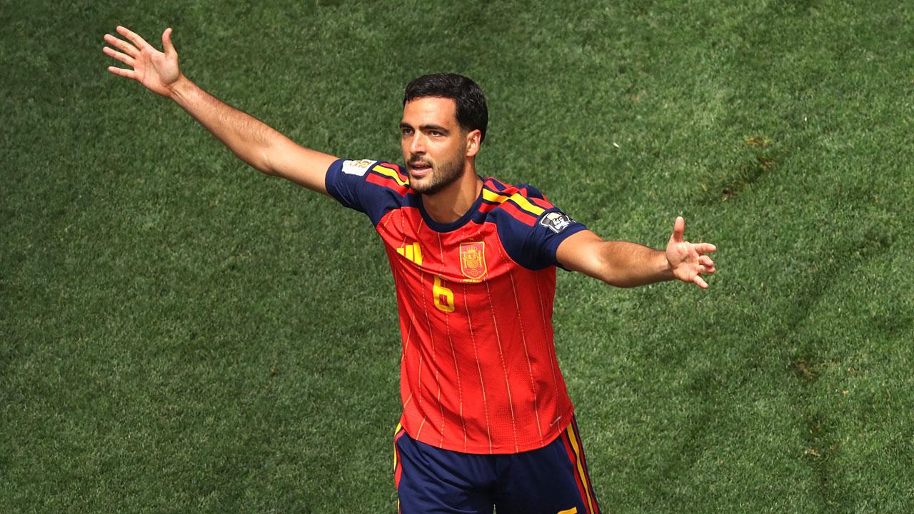 Mikel Merino of Spain celebrates scoring his team's second goal during the FIFA World Cup 2026 Quarter Final match between Spain and Belgium at Los Angeles Stadium in Inglewood, California. Pic/AFP
