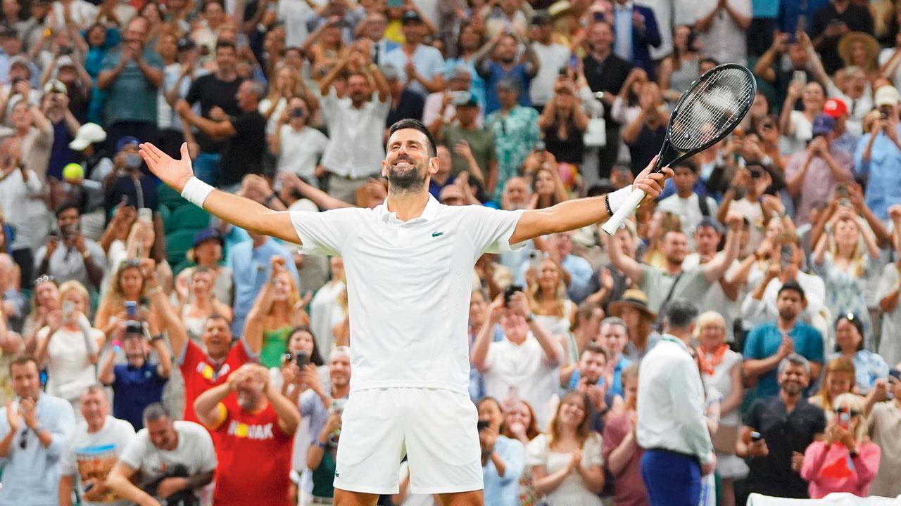 Novak Djokovic celebrates his win over Felix  Auger-Aliassime on Tuesday. Pic/AP, PTI
