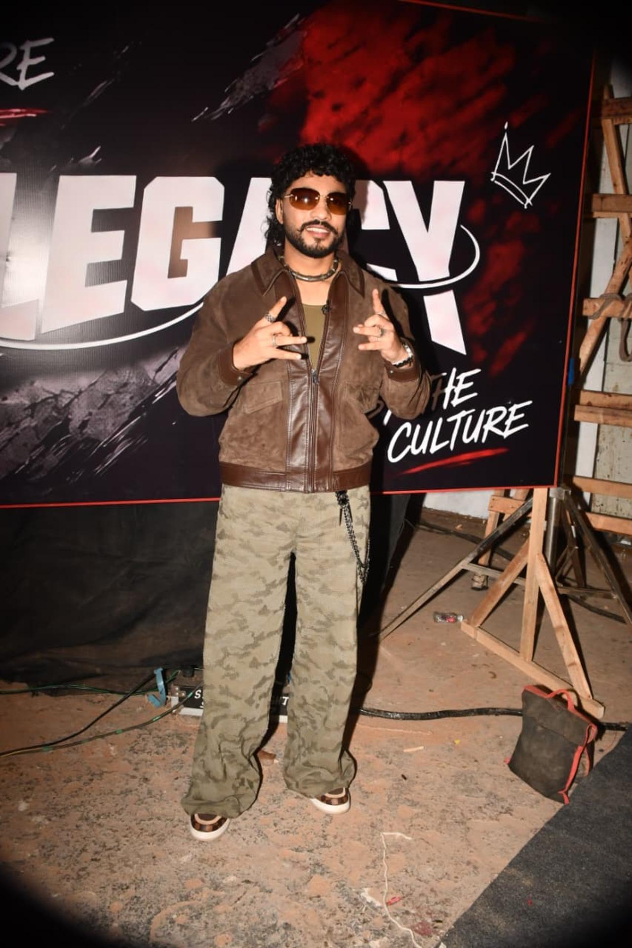 Raftaar brought ultimate street-style energy to an event in a dual-toned brown suede and leather jacket paired with baggy camouflage cargo pants
