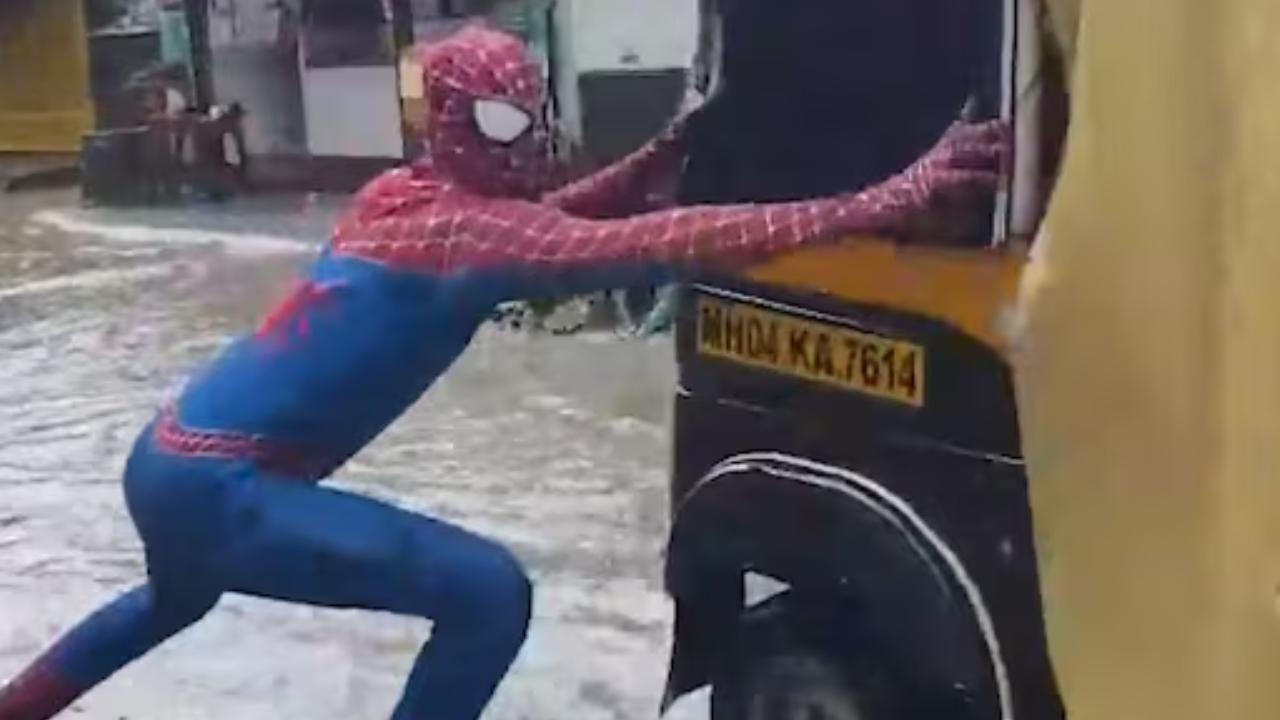 Video: 'Spiderman' helps commuters cross waterlogged roads as rains hit Bhiwandi The man behind the Spiderman costume was identified as Shadab Momin, a content creator. Pic/videograb