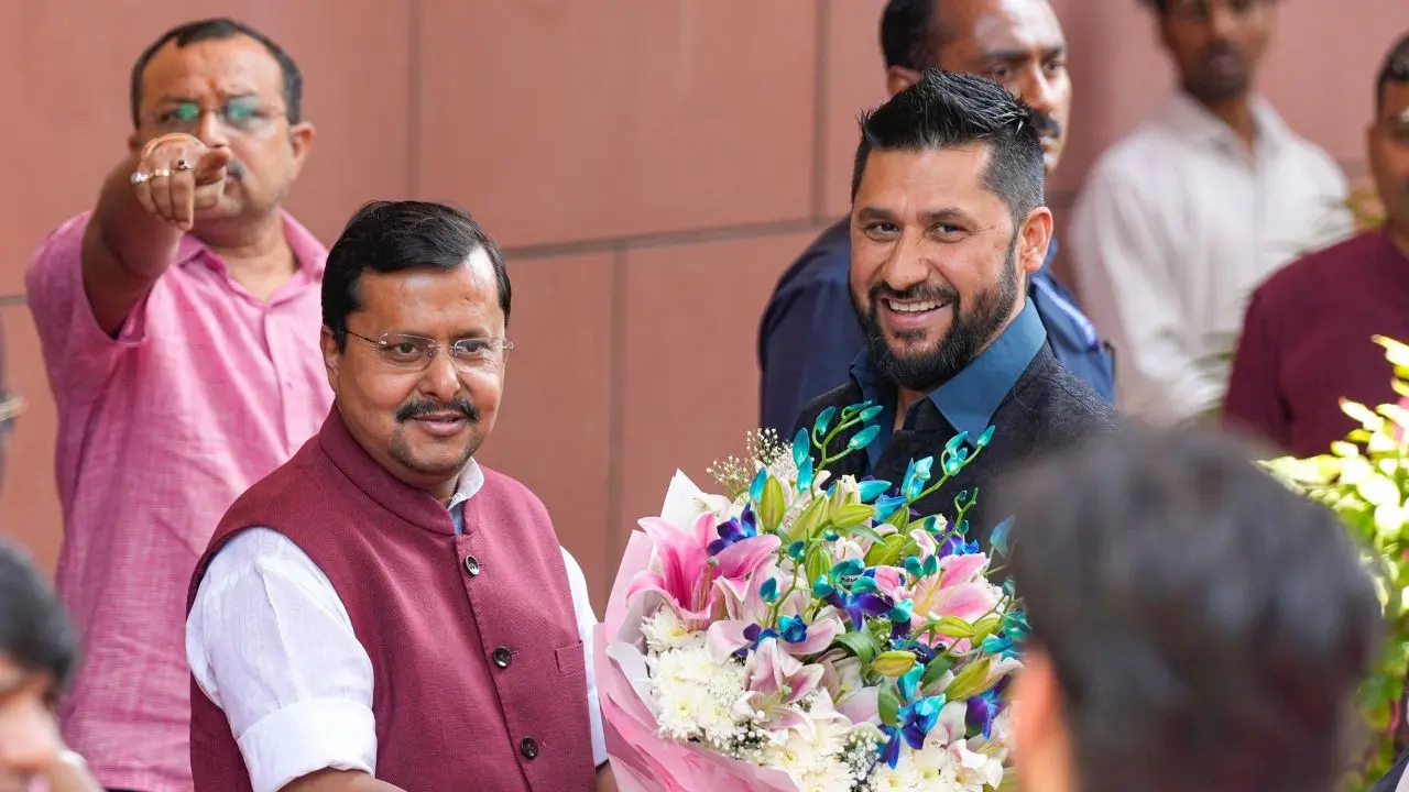 Lamichhane receives a warm welcome from BJP National President Nitin Nabin. PIC/PTI Lamichhane receives a warm welcome from BJP National President Nitin Nabin. PIC/PTI