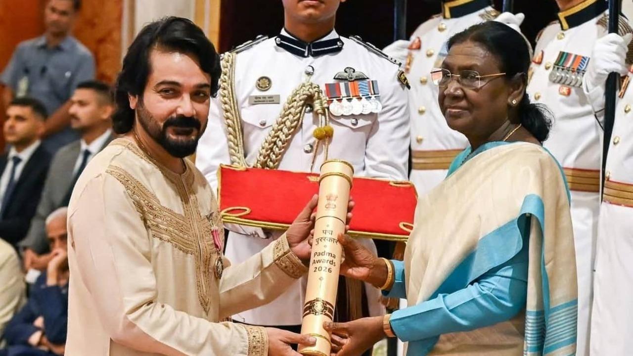 Actor Prosenjit Chatterjee has been conferred with the prestigious Padma Shri Award by President Droupadi Murmu at the first Civil Investiture Ceremony. For the occasion, he chose a traditional ensemble, consisting of a golden kurta set.
