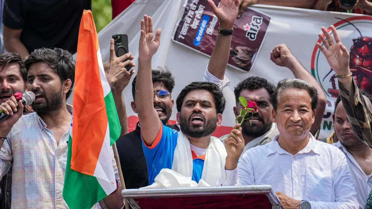 Climate activist Sonam Wangchuk joins members of the Cockroach Janta Party (CJP) during a protest in New Delhi Climate activist Sonam Wangchuk joins members of the Cockroach Janta Party (CJP) during a protest in New Delhi