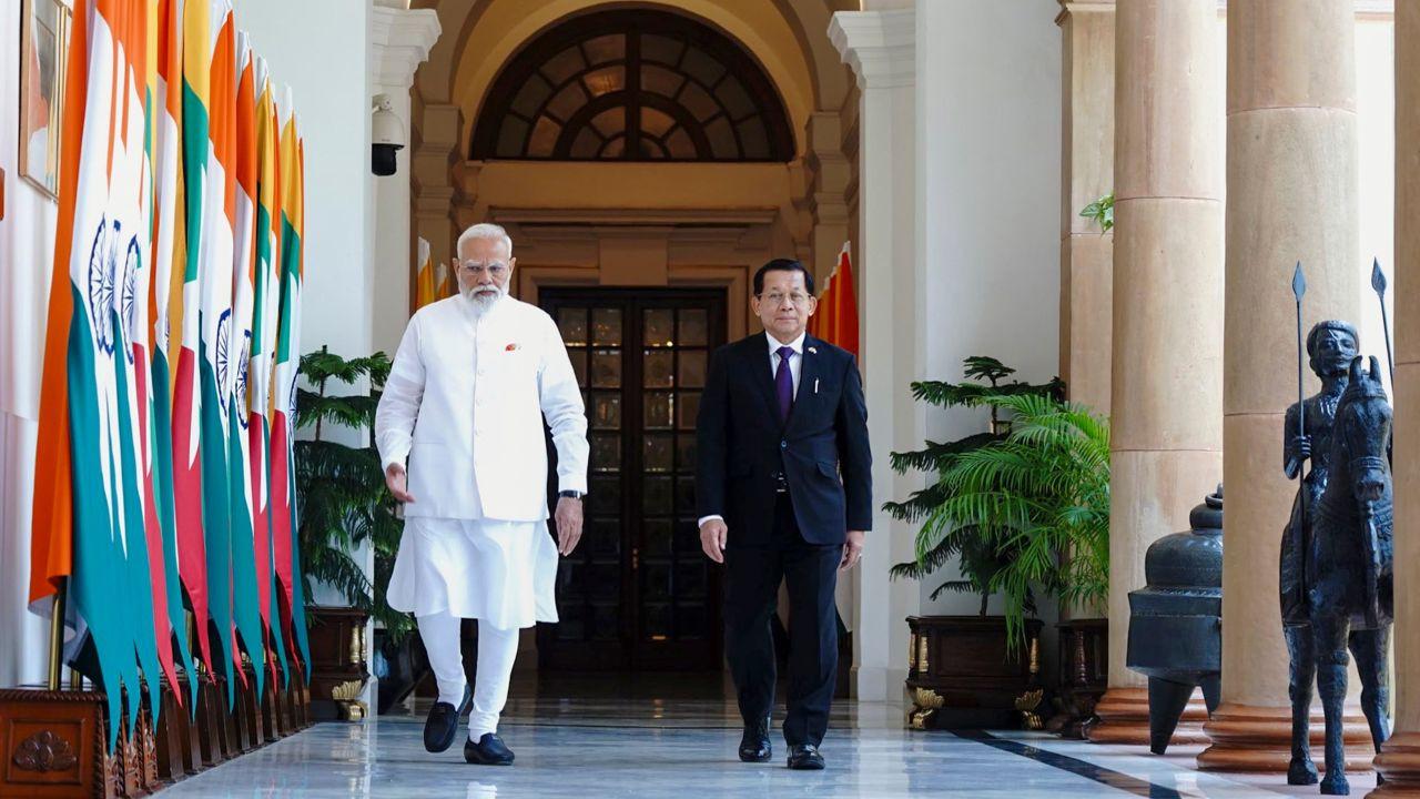 Prime Minister Narendra Modi with Myanmar President U Min Aung Hlaing, at Hyderabad House. Pic/PTI Prime Minister Narendra Modi with Myanmar President U Min Aung Hlaing, at Hyderabad House. Pic/PTI