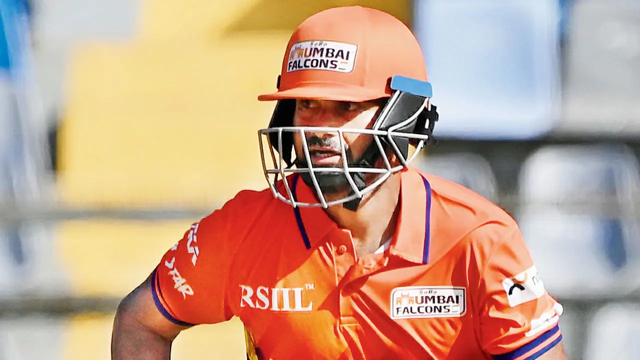 SOBO Mumbai Falcons skipper during his 42 against MSC Maratha Royals at Wankhede  on Thursday. Pic/Ashish Raje