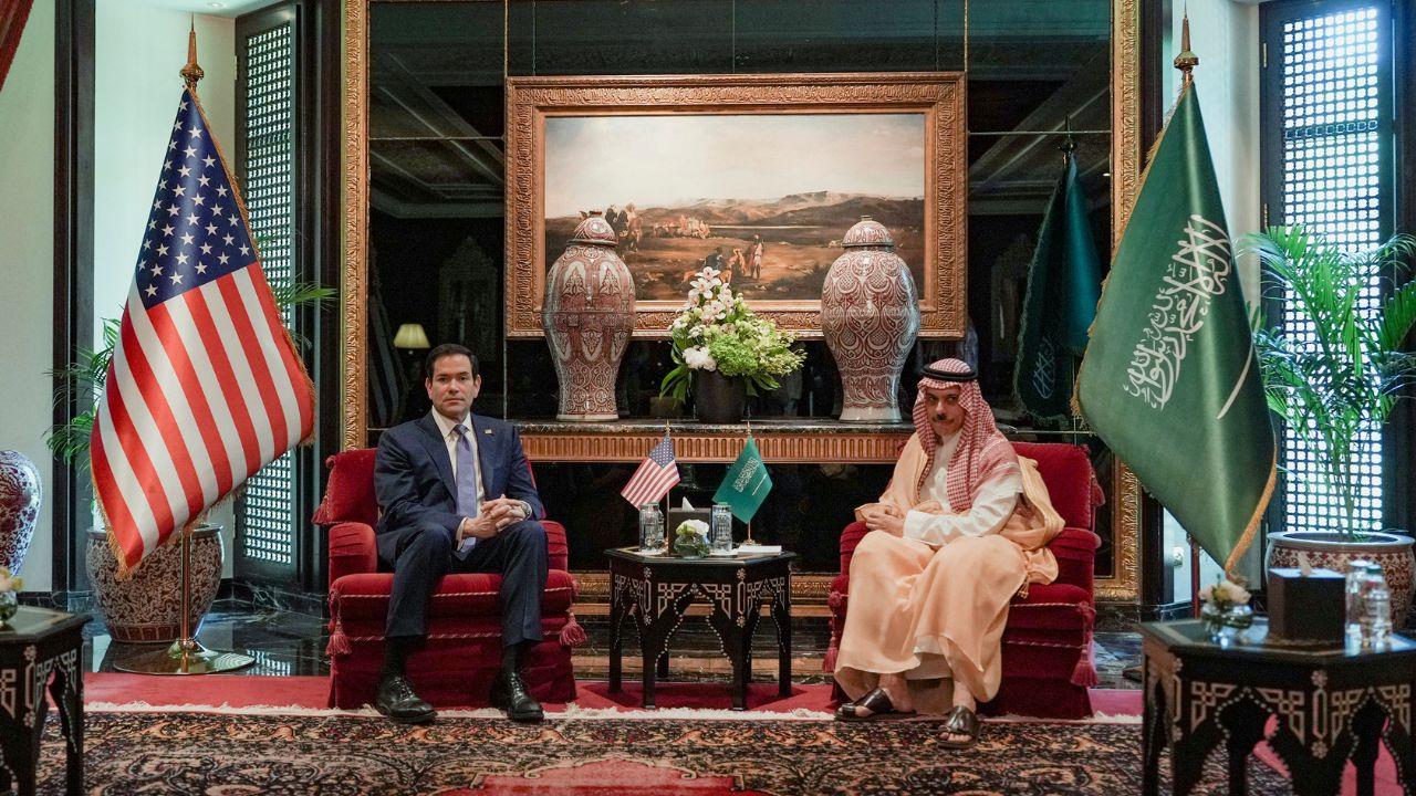 Rubio meets Saudi Foreign Minister Faisal bin Farhan al-Saud during his visit to the Middle East to discuss the interim deal between the US and Iran with Arab Gulf allies, in Manama&nbsp;