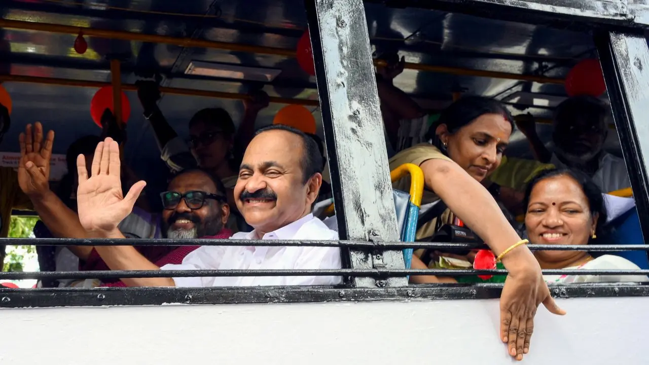 Kerala Chief Minister VD Satheesan takes a ride in a bus at Thiruvananthapuram on Monday (Pic/PTI)