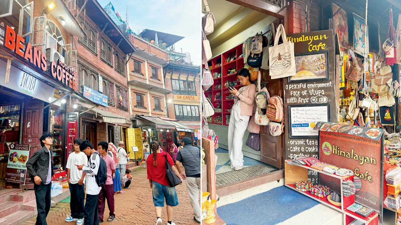Come for the mountains, stay for the food in Kathmandu Cafes near Boudhnath Stupa; (right) Family-run Shops near Boudhnath Stupa