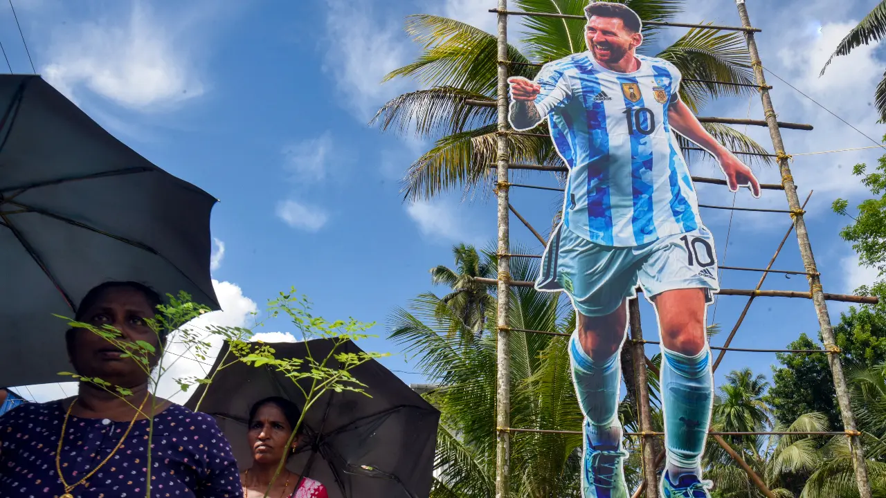 Lionel Messi cut out installed by fans ahead of the FIFA World Cup 2026, at Chellanam, in Kochi. Image courtesy: PTI