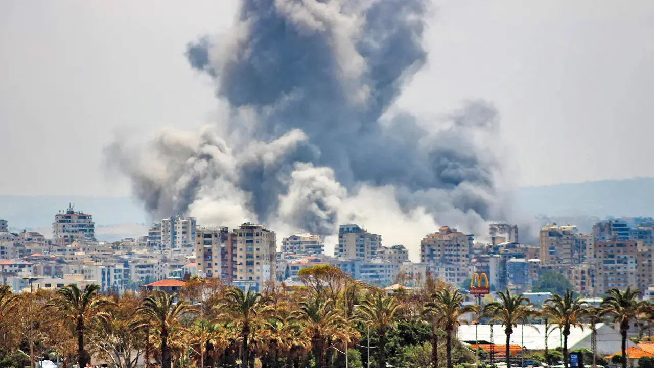 A plume of smoke rises following an Israeli airstrike on the outskirts of Tyre, southern Lebanon, on Monday. PIC/AFP