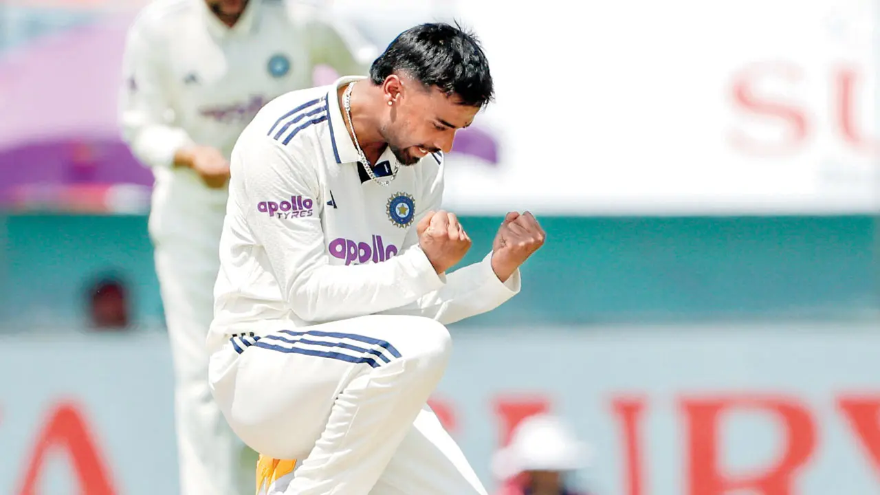IND vs AFG Test: Debutant Suthar’s 3-21 puts India in control over Afghanistan Left-arm spinner Manav Suthar celebrates his maiden Test wicket after dismissing Afghan opener Abdul Malik on Sunday. Pic/BCCI