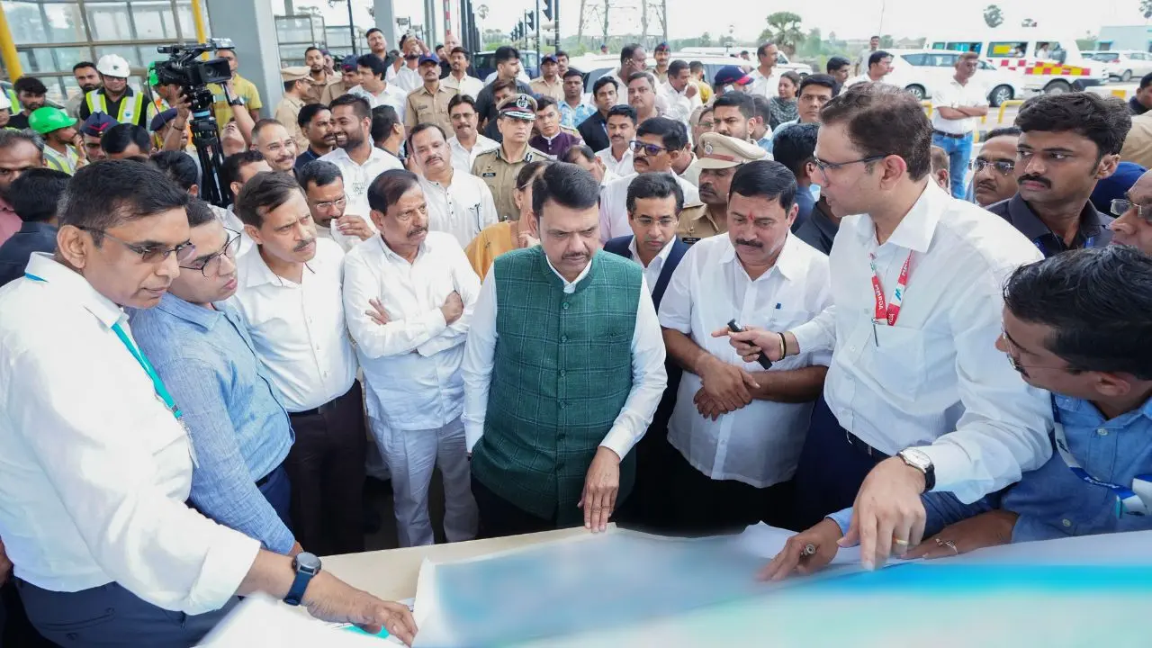 CM Devendra Fadnavis inspects the Mumbai-Vadodara Inter-Junction on the Mumbai-Delhi High-Speed Corridor at Virar on Sunday. PIC/X