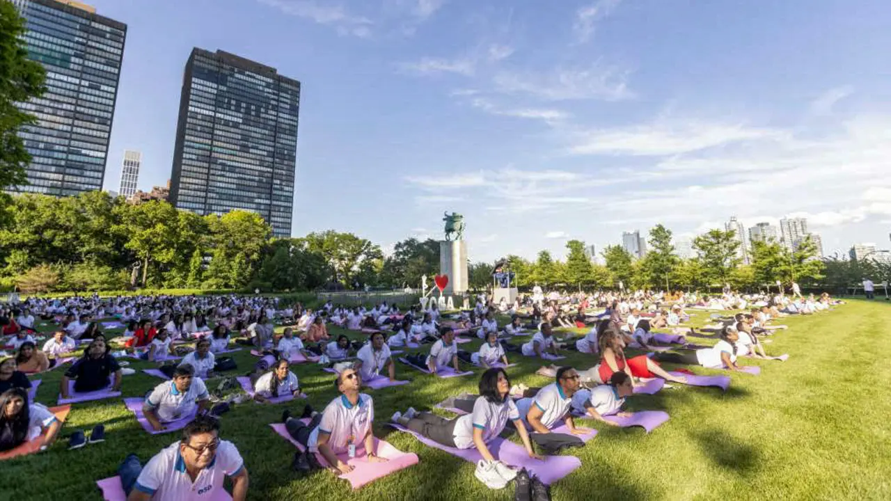 PICS | Highlights from the 12th International Yoga Day celebrations in New York People take part in a yoga session during the 12th International Day of Yoga celebrations organised by Permanent Mission of India to the United Nations, in New York. Photo Courtesies: PTI
