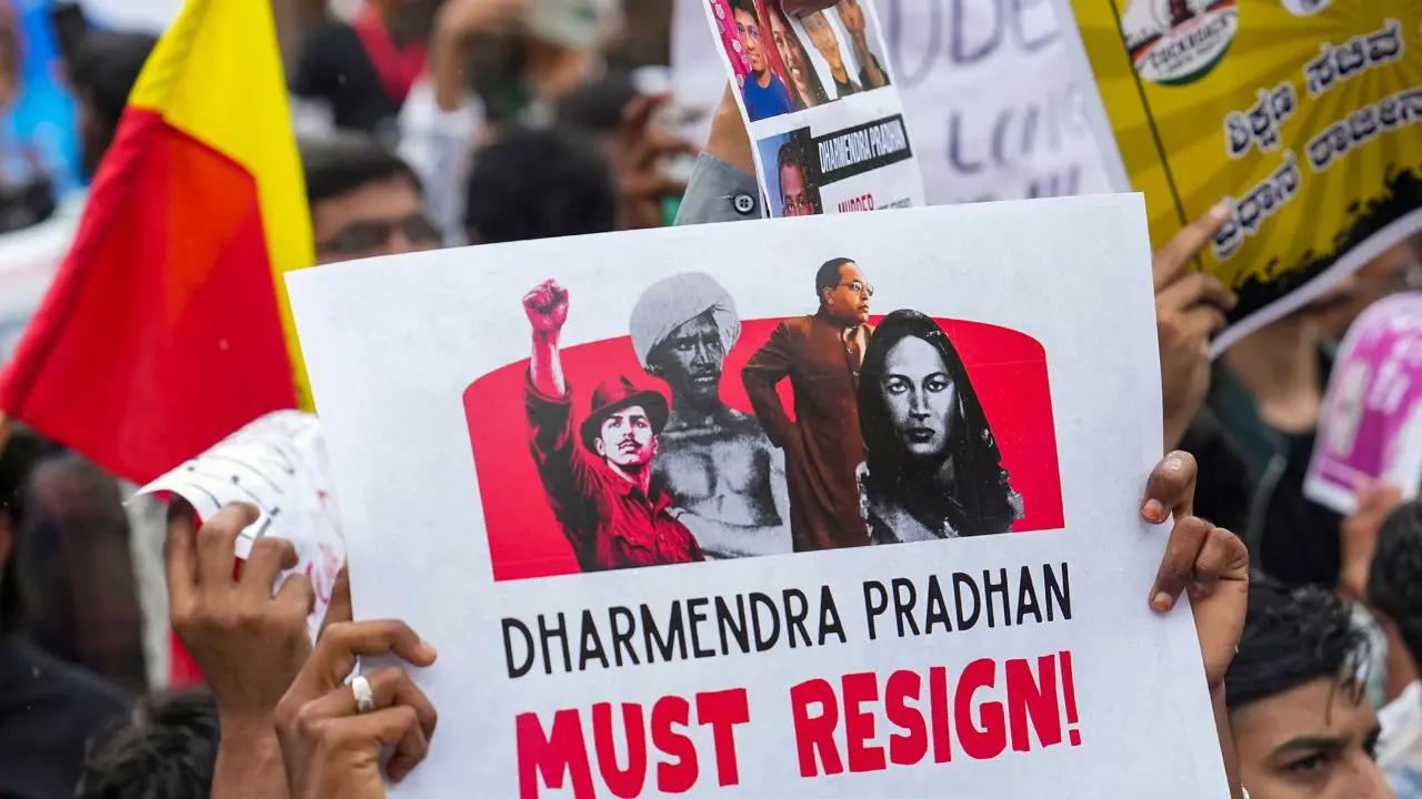 In Bengaluru, students demanded the resignation of Union Education Minister Dharmendra Pradhan