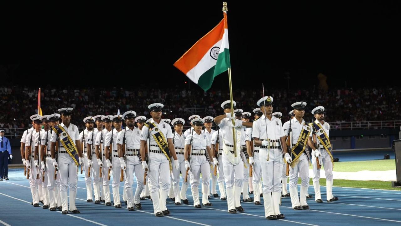 Seychelles soldiers parachuted into the venue carrying the national flags as spectators cheered enthusiastically during the Golden Jubilee celebrations, adding grandeur to the National Day event.