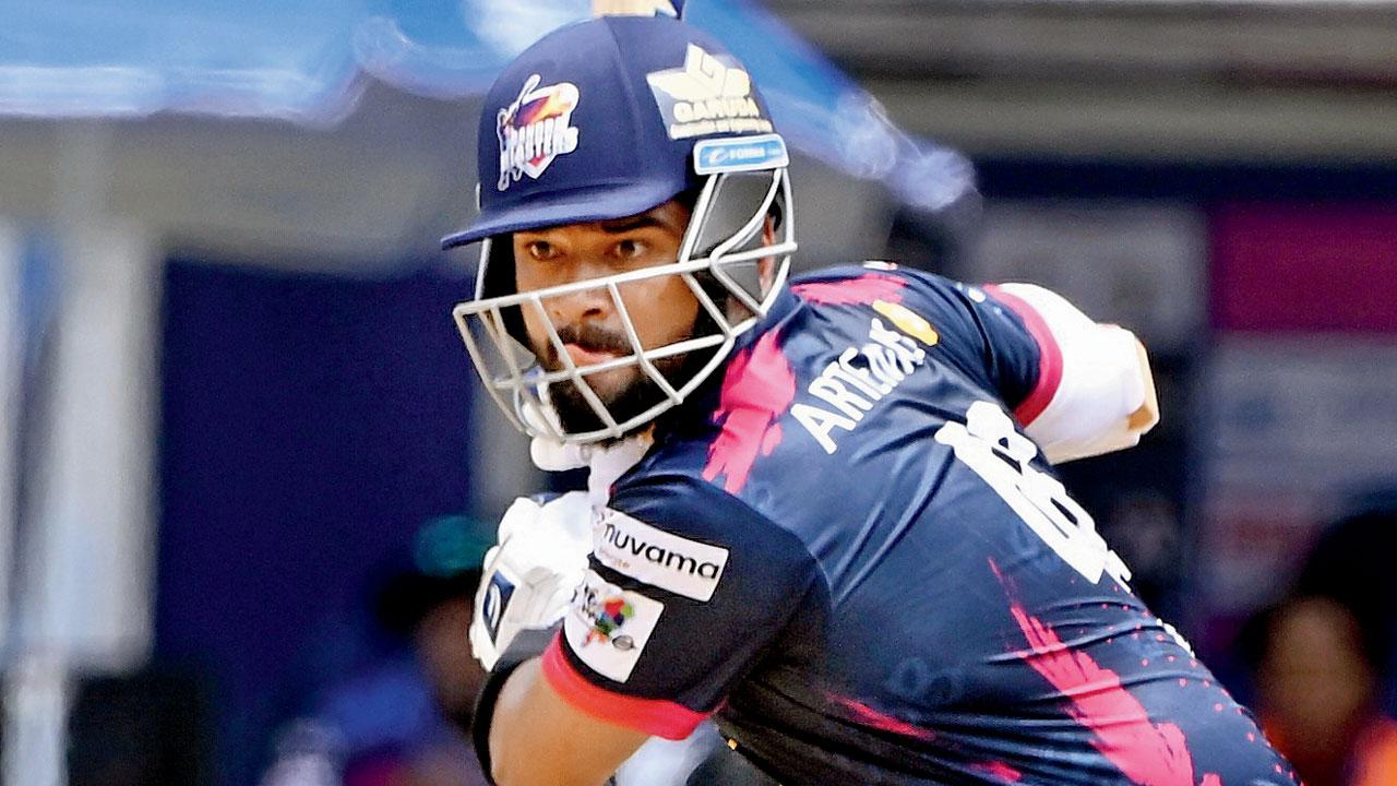 BB’s Suved Parkar during his 110 against NMP at Wankhede on Wednesday. Pic/Ashish Raje