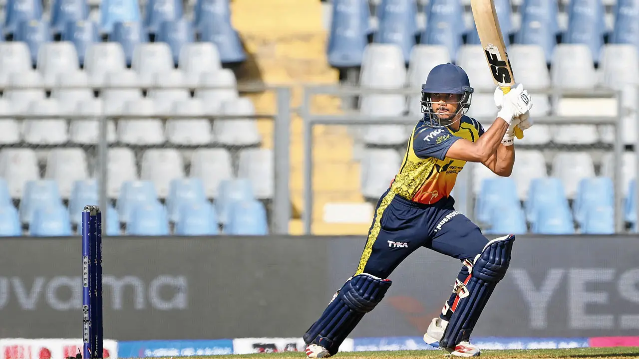 T20 Mumbai League: Eagle Thane Strikers' Shashwat Jagtap becomes first centurion of season Eagle Thane Strikers opener Shashwat Jagtap during his 100 on Monday. Pic/Ashish Raje