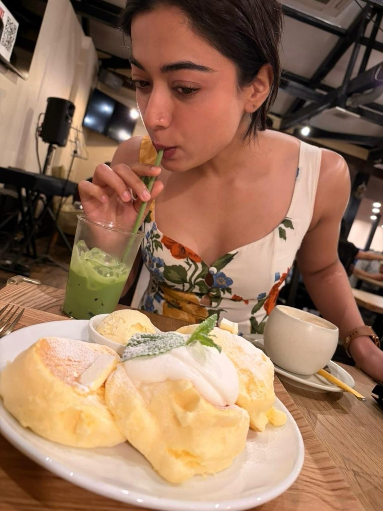 One of the videos shows a chef preparing food amid high flames at a restaurant, while another picture sees Rashmika enjoying a fluffy Japanese pancake alongside a matcha drink.