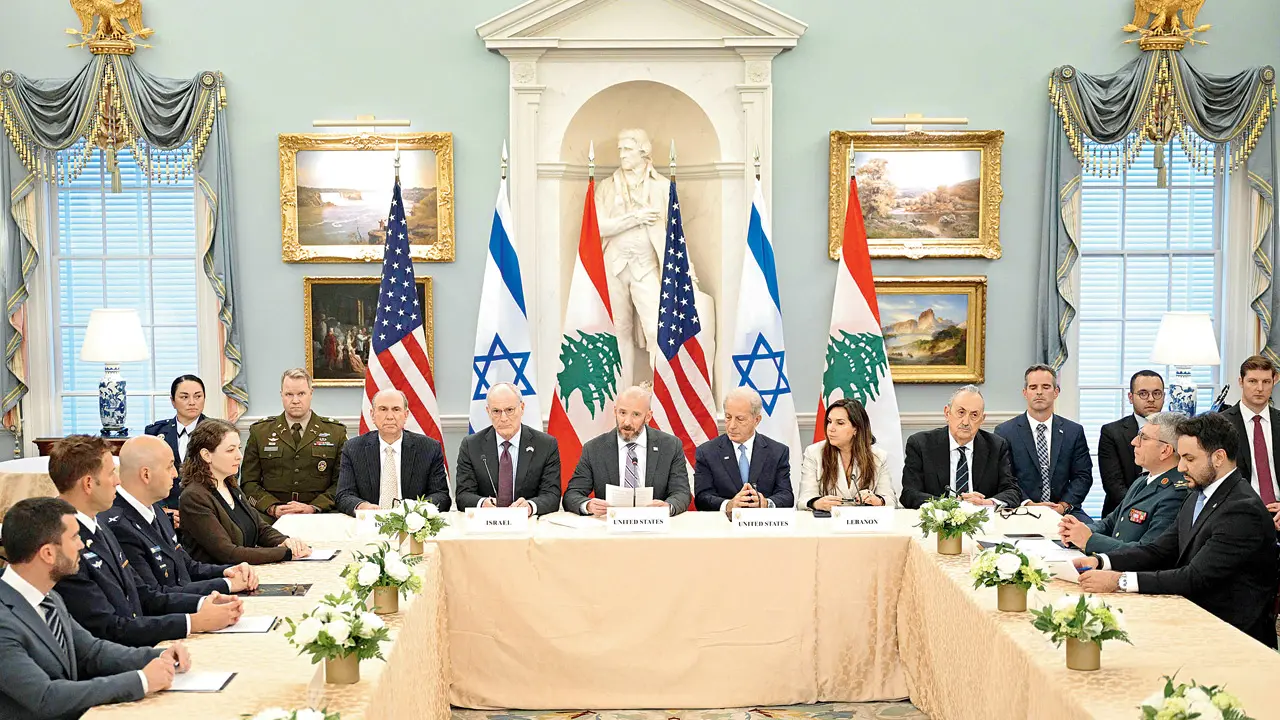 Israel’s Ambassador to the US Yechiel Leiter, State Department Chief of Staff Daniel Holler, US Ambassador to Lebanon Michel Issa, and Lebanese Ambassador to the US Nada Hamadeh attend a meeting between Israeli and Lebanese delegations hosted by the US in Washington, on Wednesday. PIC/AFP